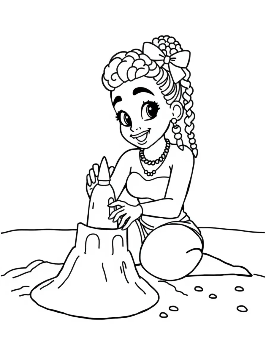 Cardi B building a sandcastle at the beach – a fun and kid-friendly coloring page.