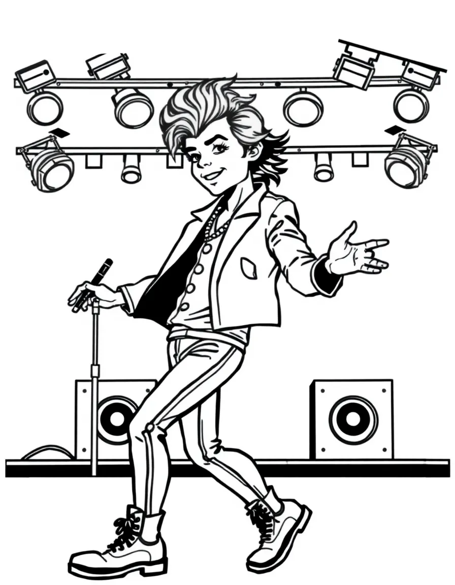 Harry Styles dancing on a stage with spotlights and fun outfits – a fun and kid-friendly coloring page.