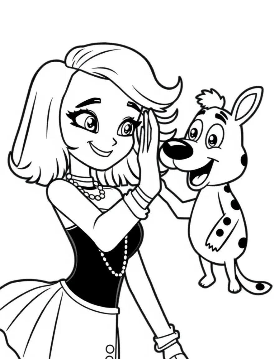 Katy Perry giving a high five to a cartoon animal friend – a fun and kid-friendly coloring page.