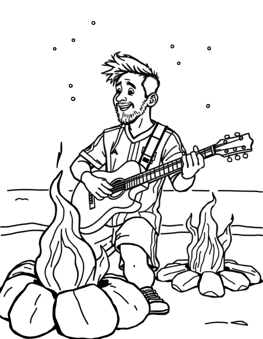 Lionel Messi playing guitar at a beach bonfire – a fun and kid-friendly coloring page.