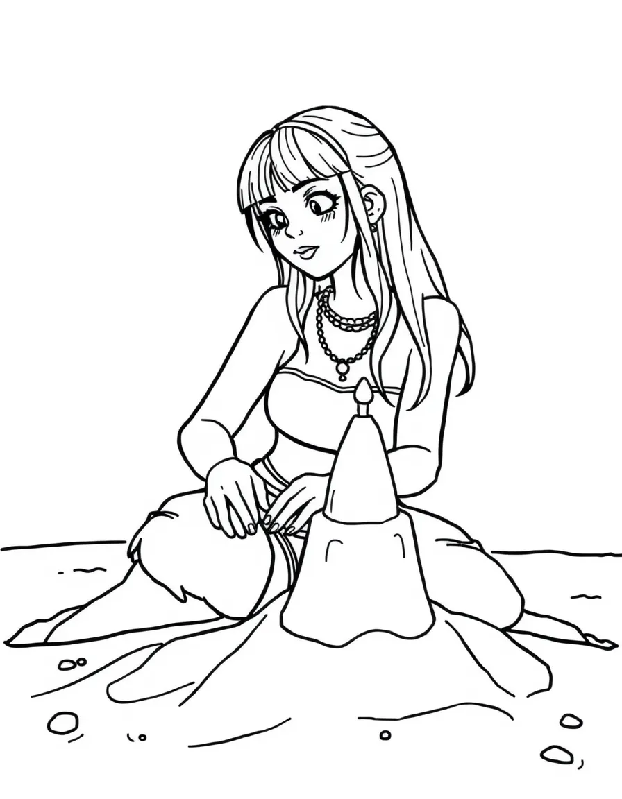 Billie Eilish building a sandcastle at the beach – a fun and kid-friendly coloring page.