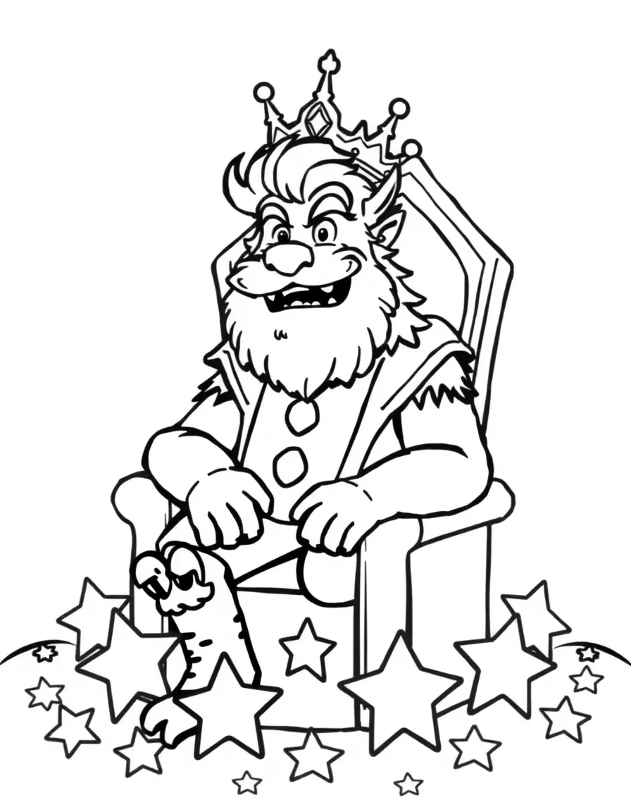 MrBeast sitting on a throne made of stars with a crown – a fun and kid-friendly coloring page.