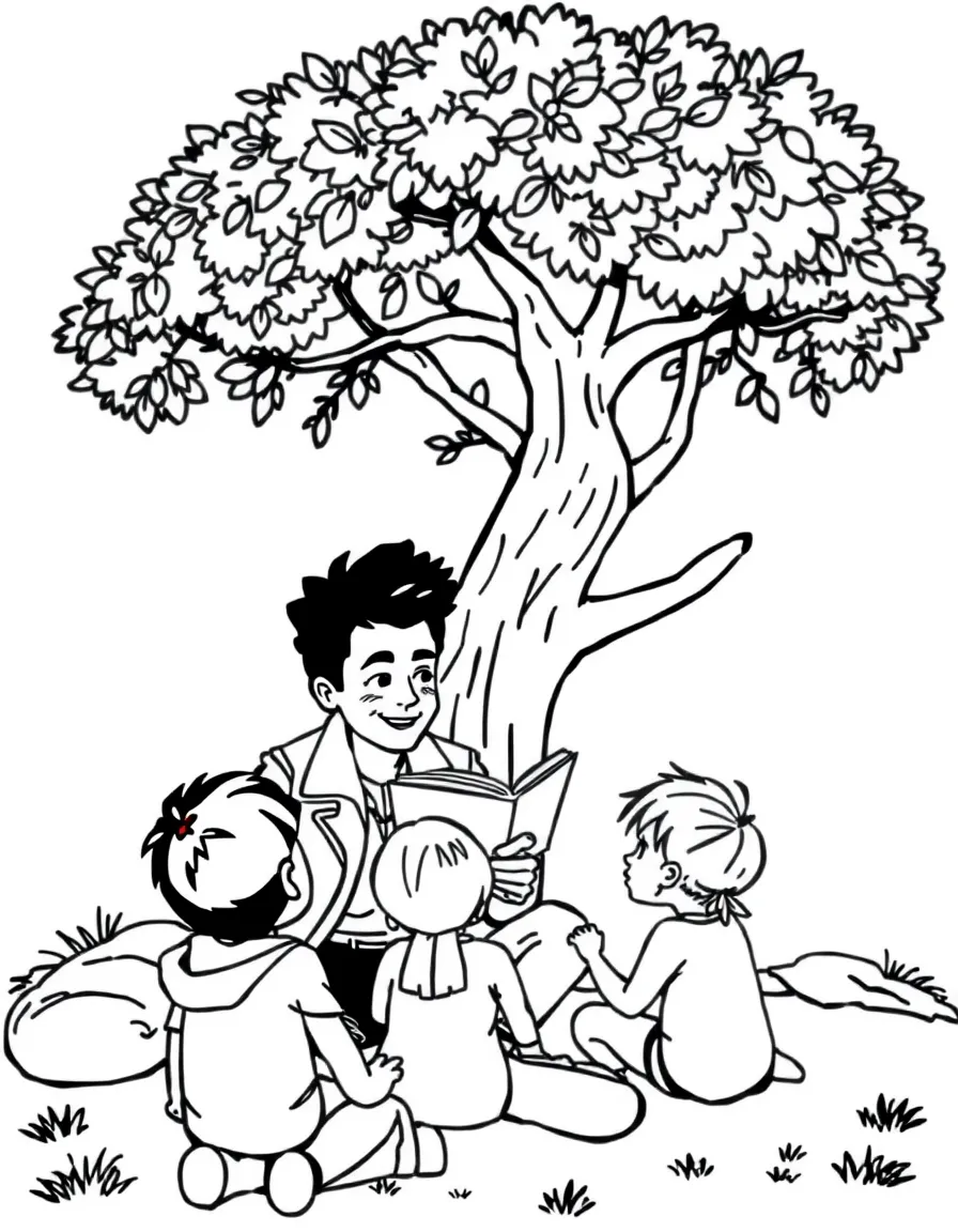Bruno Mars reading a storybook to children under a tree – a fun and kid-friendly coloring page.