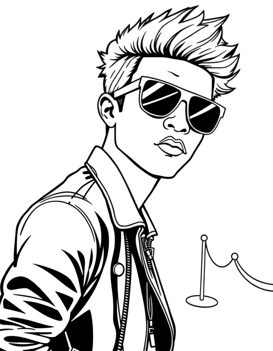 Bruno Mars posing with sunglasses and a cool outfit on the red carpet – a fun and kid-friendly coloring page.