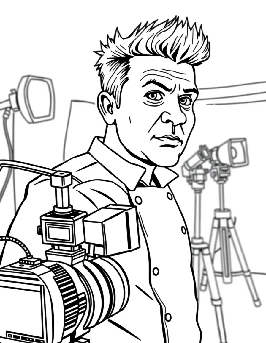 Gordon Ramsay acting in a scene on a movie set with cameras – a fun and kid-friendly coloring page.