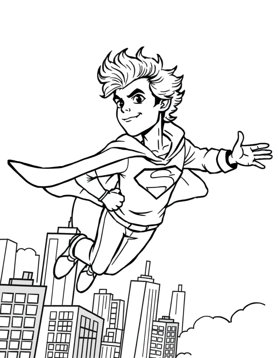 Harry Styles wearing a superhero cape and flying over a cityscape – a fun and kid-friendly coloring page.