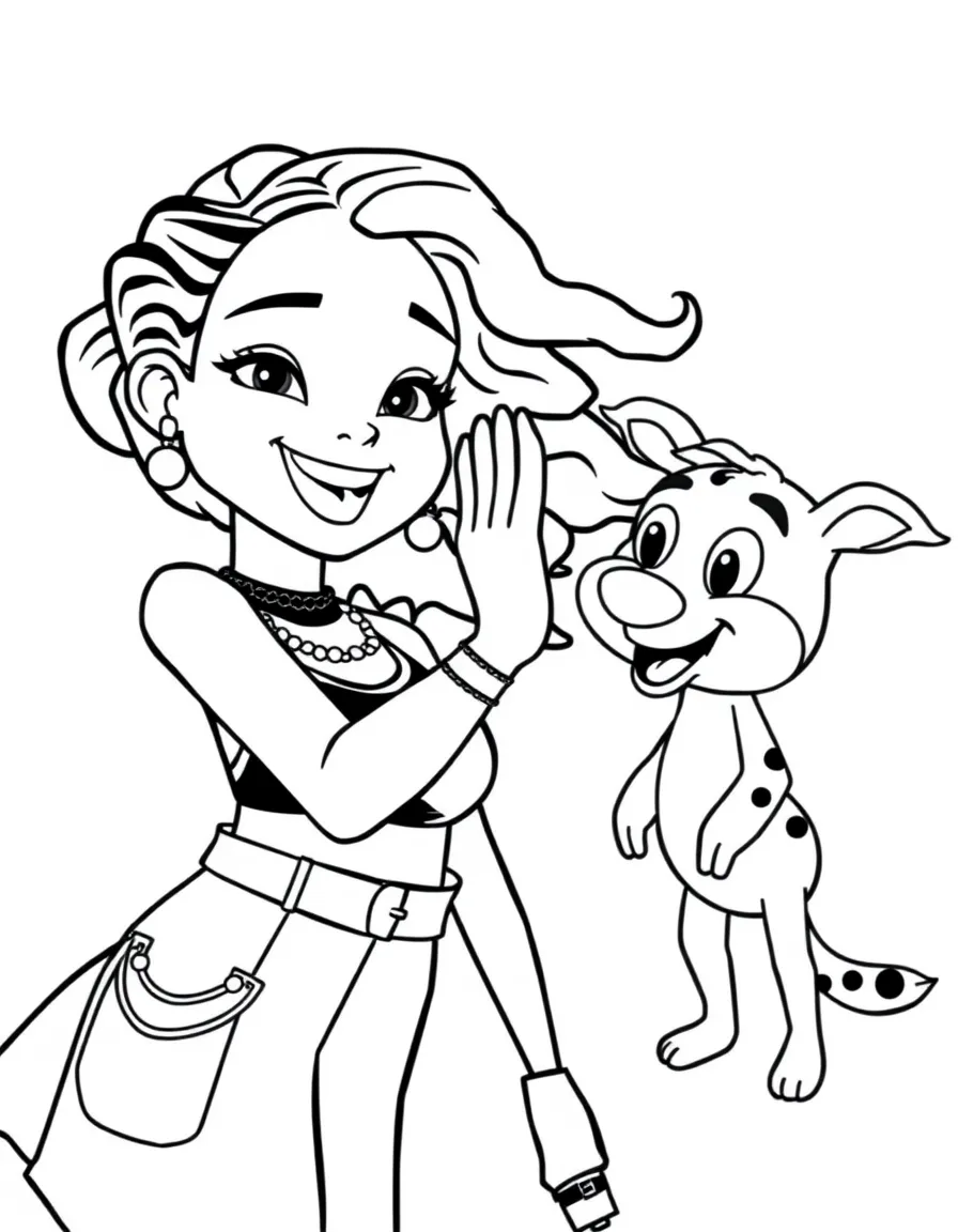 Rihanna giving a high five to a cartoon animal friend – a fun and kid-friendly coloring page.