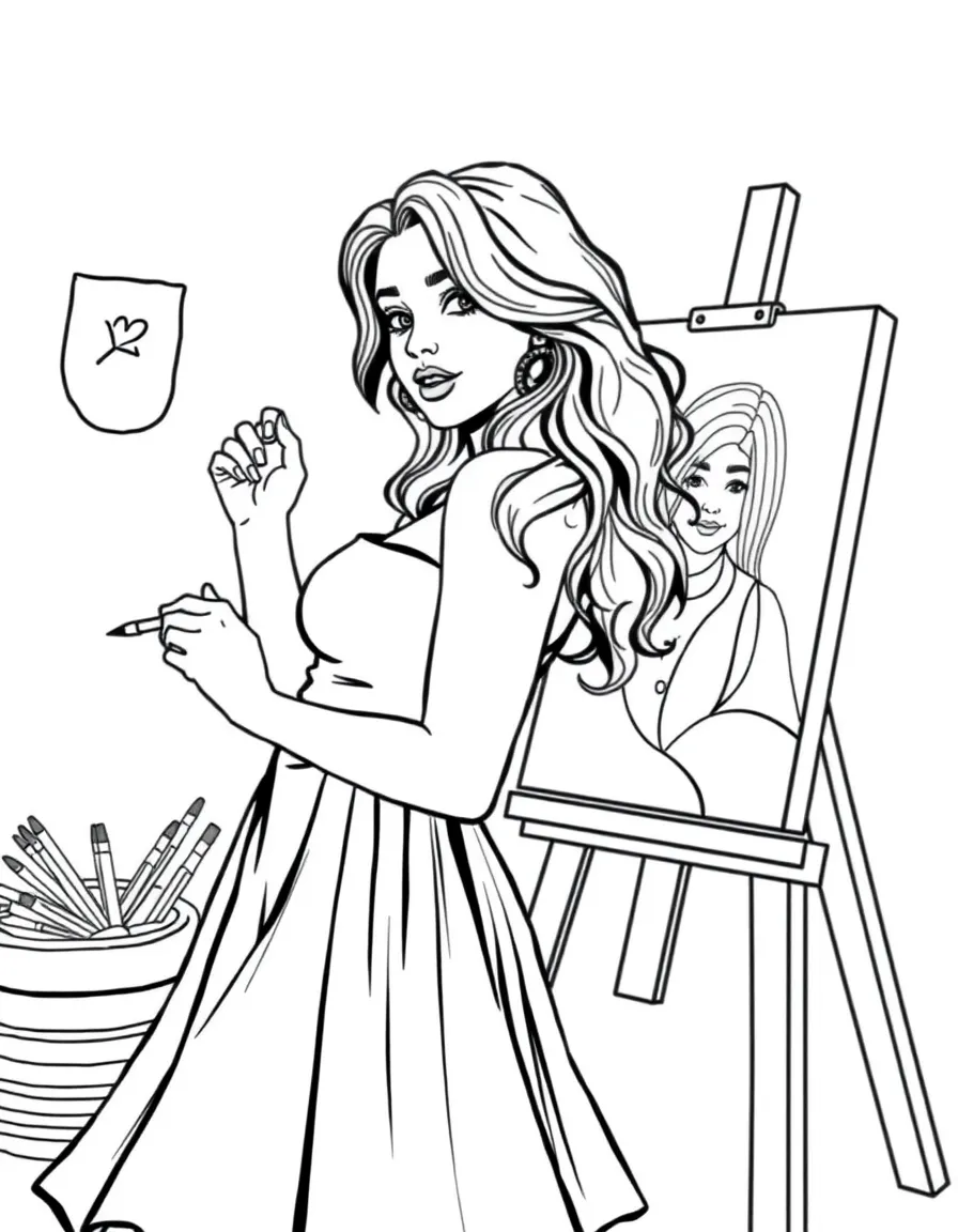 Camila Cabello painting a picture at an art studio – a fun and kid-friendly coloring page.