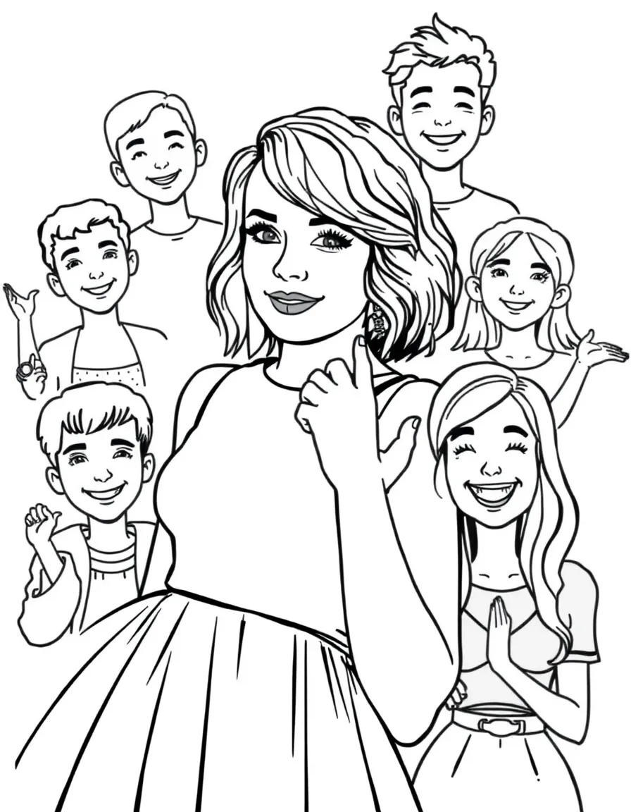 Emma Stone posing with cartoon versions of their fans – a fun and kid-friendly coloring page.
