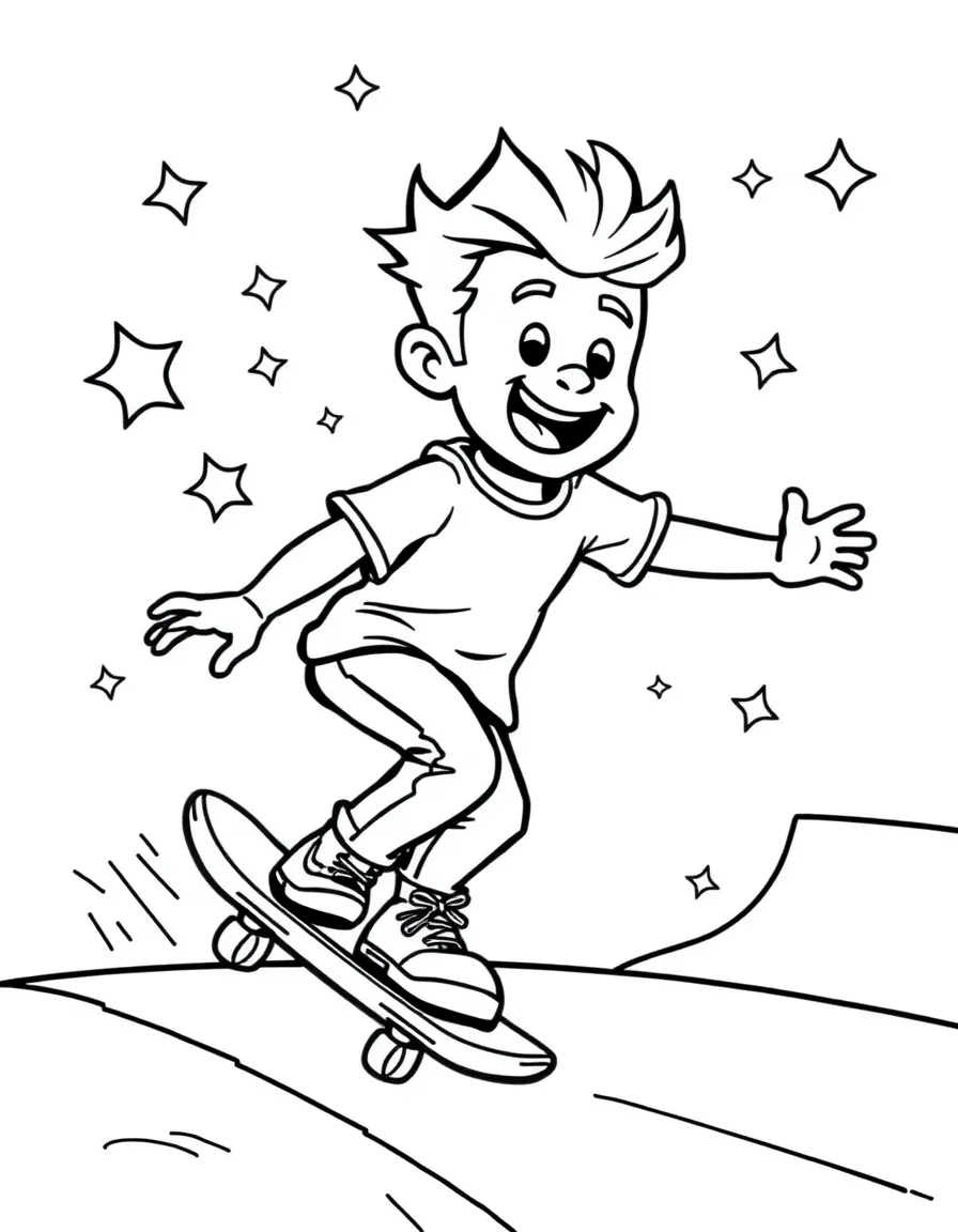 Gordon Ramsay skateboarding at a skate park with stars and swirls around – a fun and kid-friendly coloring page.