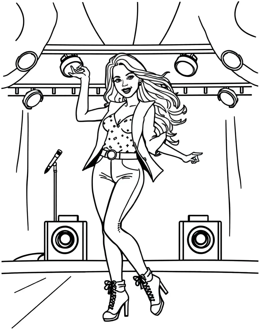 Blake Lively dancing on a stage with spotlights and fun outfits – a fun and kid-friendly coloring page.