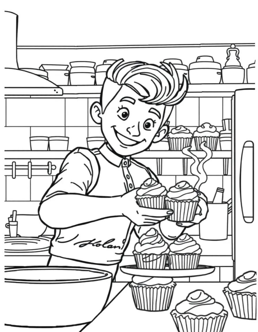 Tom Holland baking cupcakes in a colorful kitchen – a fun and kid-friendly coloring page.
