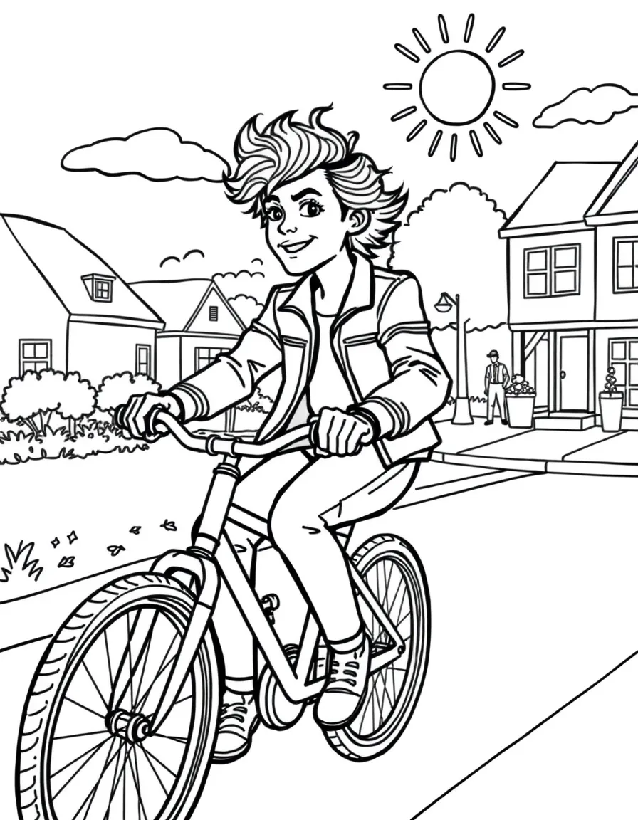 Harry Styles riding a bicycle through a sunny neighborhood – a fun and kid-friendly coloring page.