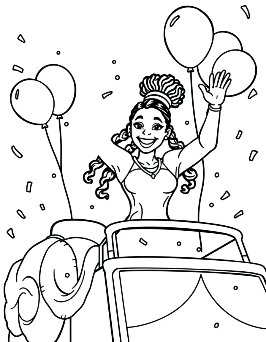 Simone Biles waving from a parade float with balloons and confetti – a fun and kid-friendly coloring page.
