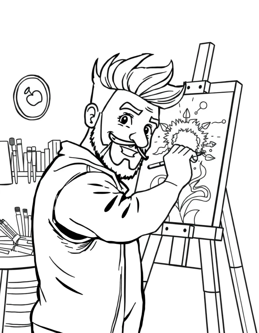 PewDiePie painting a picture at an art studio – a fun and kid-friendly coloring page.