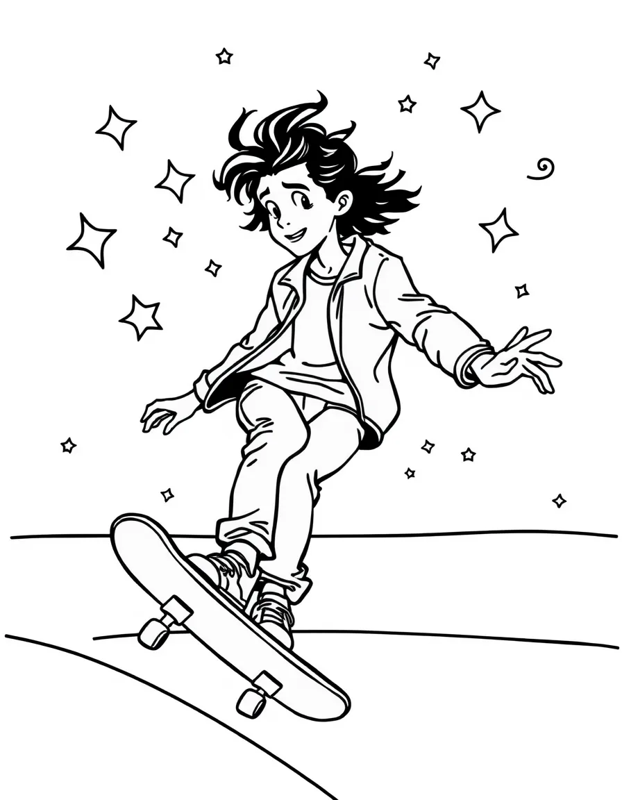 Timothée Chalamet skateboarding at a skate park with stars and swirls around – a fun and kid-friendly coloring page.