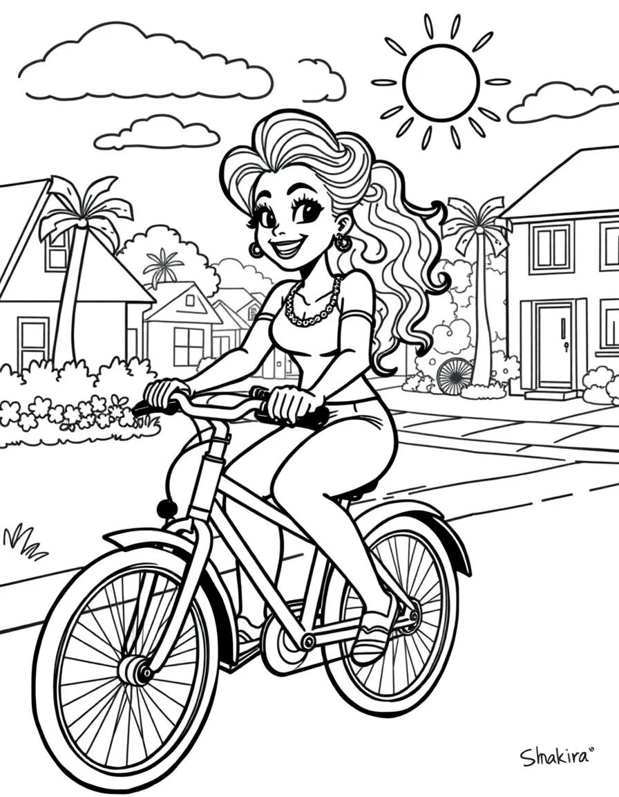 Shakira riding a bicycle through a sunny neighborhood – a fun and kid-friendly coloring page.