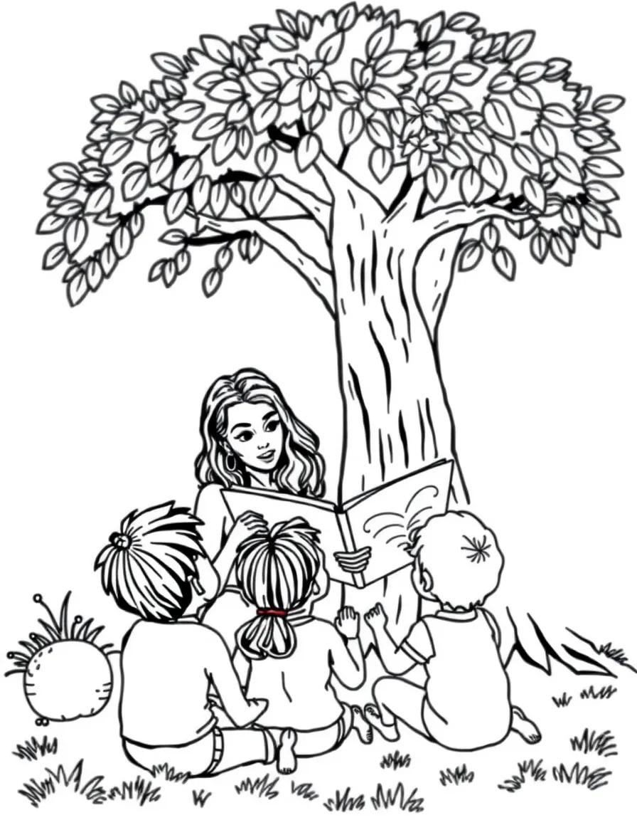 Jennifer Lopez reading a storybook to children under a tree – a fun and kid-friendly coloring page.