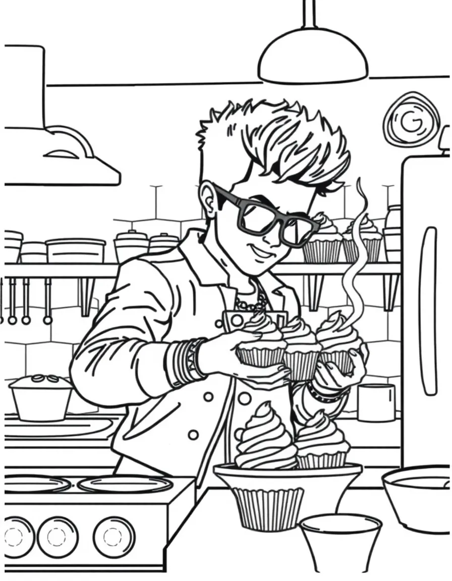 Bruno Mars baking cupcakes in a colorful kitchen – a fun and kid-friendly coloring page.