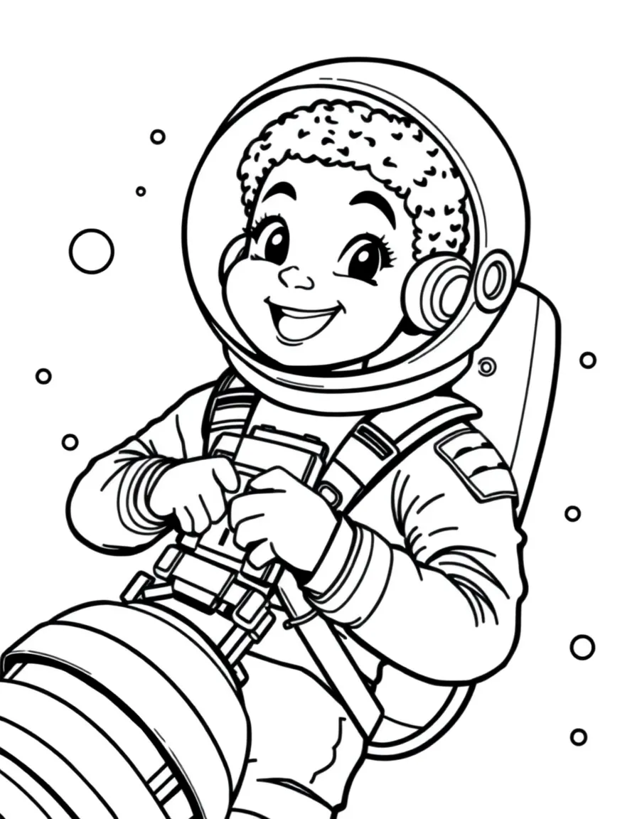 Simone Biles exploring space in an astronaut suit – a fun and kid-friendly coloring page.
