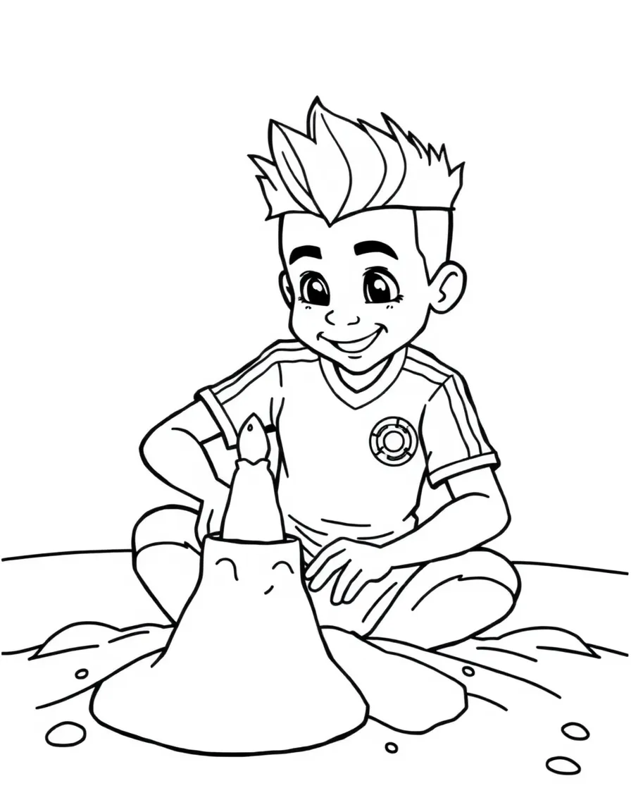 Neymar Jr. building a sandcastle at the beach – a fun and kid-friendly coloring page.
