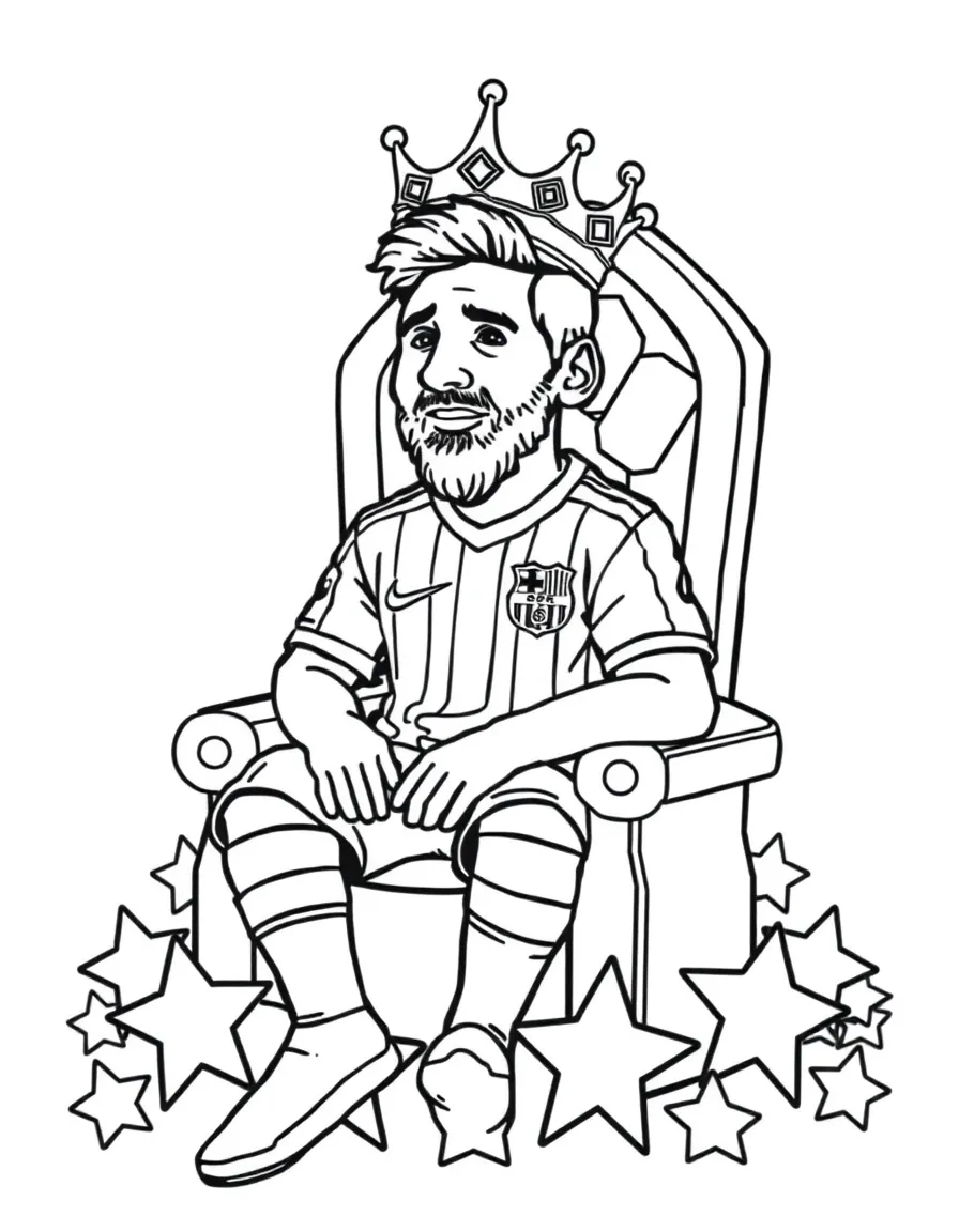 Lionel Messi sitting on a throne made of stars with a crown – a fun and kid-friendly coloring page.