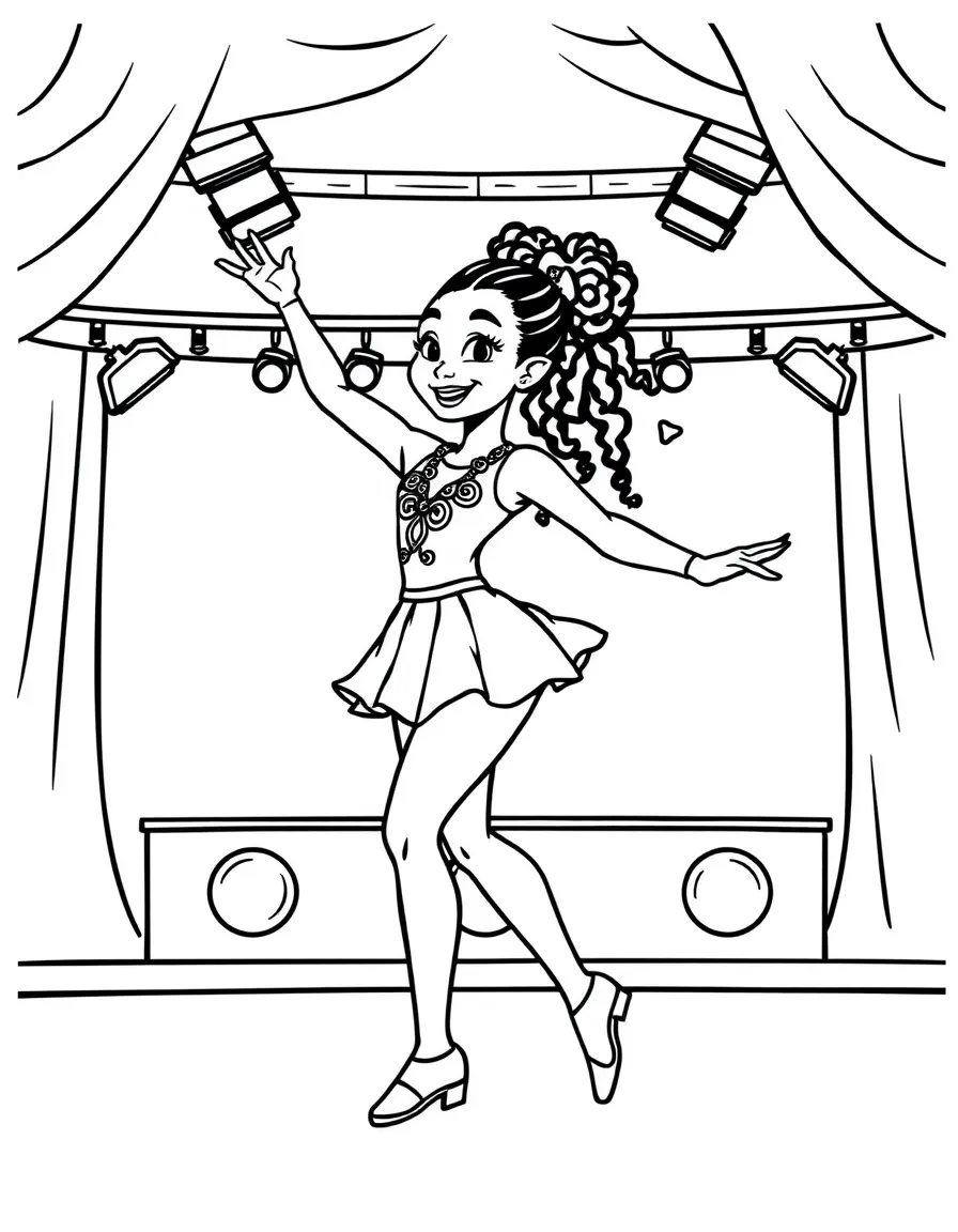 Simone Biles dancing on a stage with spotlights and fun outfits – a fun and kid-friendly coloring page.