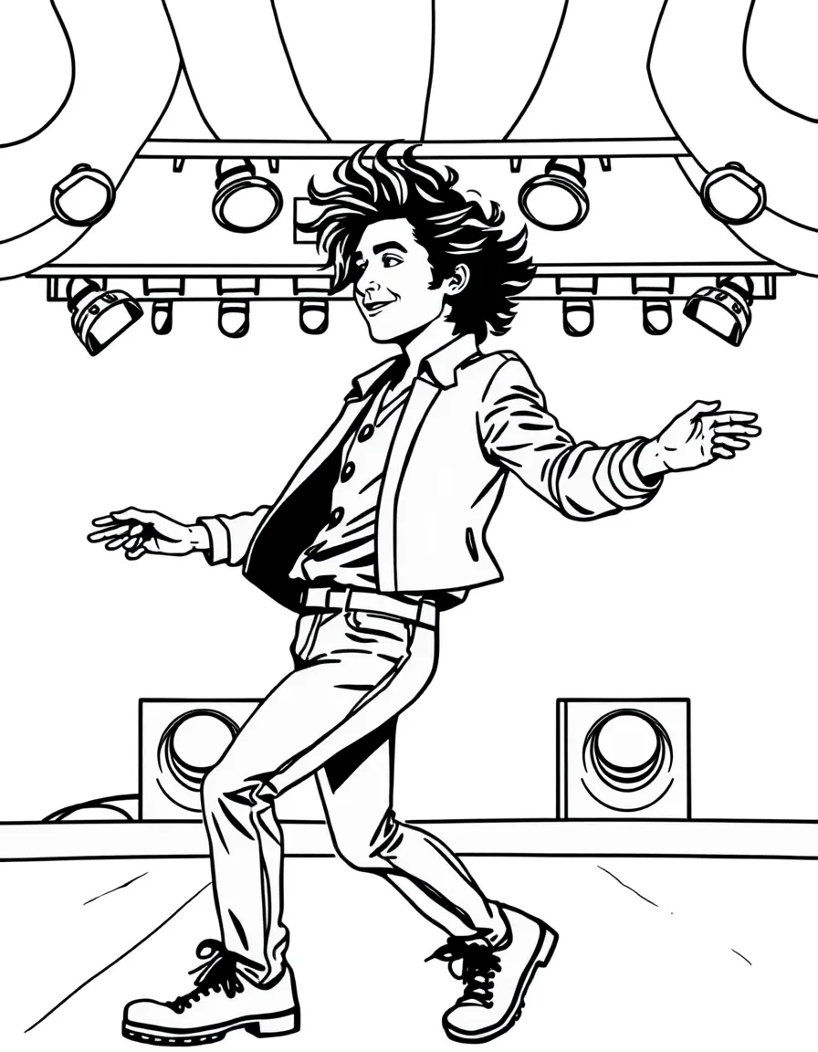 Timothée Chalamet dancing on a stage with spotlights and fun outfits – a fun and kid-friendly coloring page.