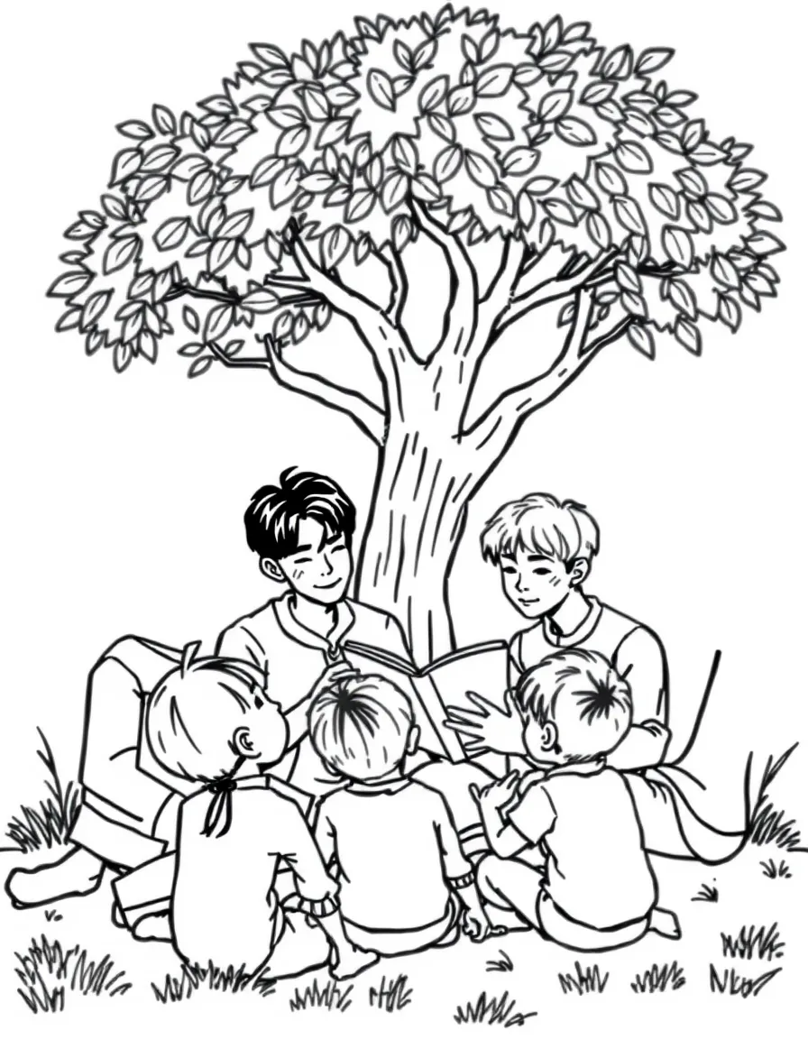 BTS Members reading a storybook to children under a tree – a fun and kid-friendly coloring page.