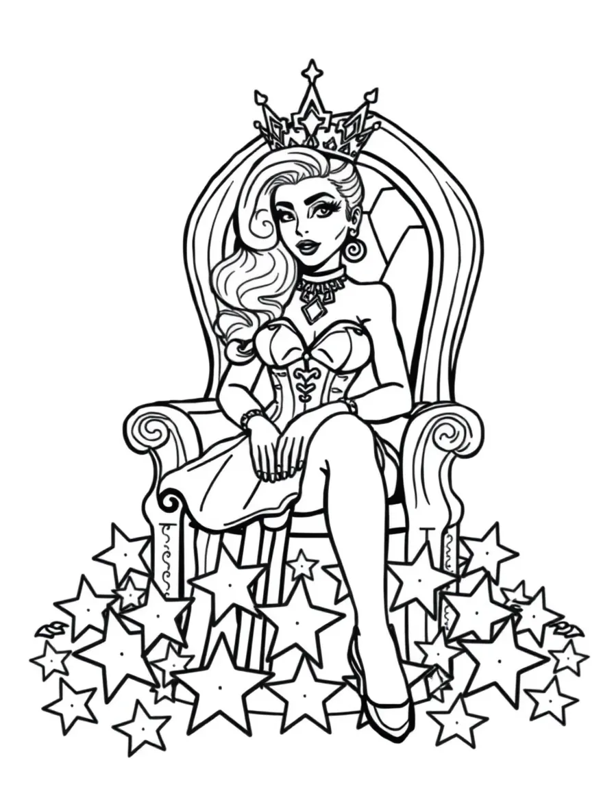 Lady Gaga sitting on a throne made of stars with a crown – a fun and kid-friendly coloring page.