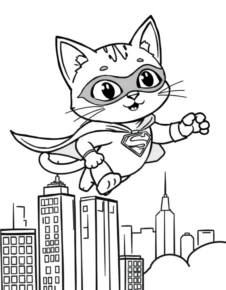 Doja Cat wearing a superhero cape and flying over a cityscape – a fun and kid-friendly coloring page.