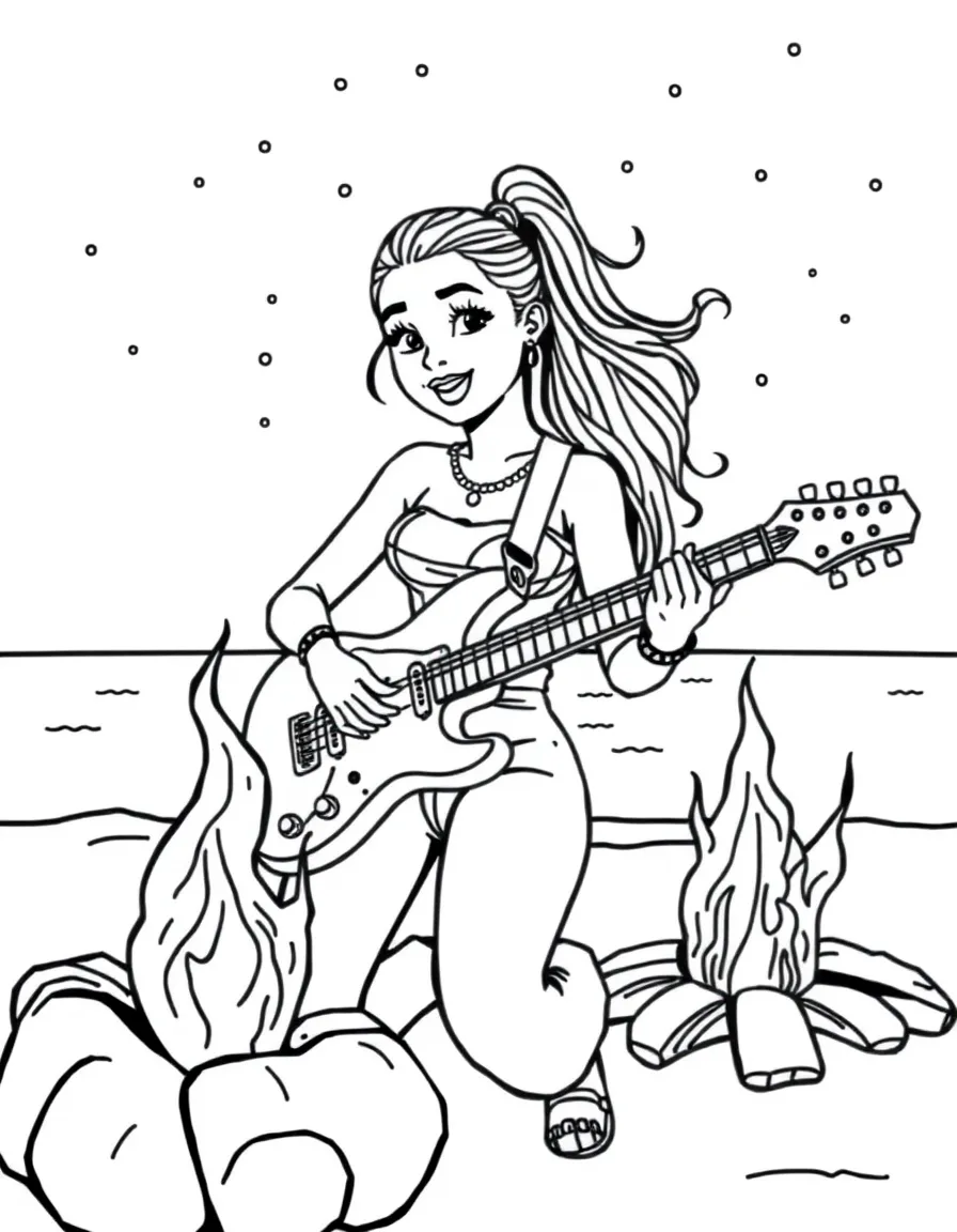 Ariana Grande playing guitar at a beach bonfire – a fun and kid-friendly coloring page.