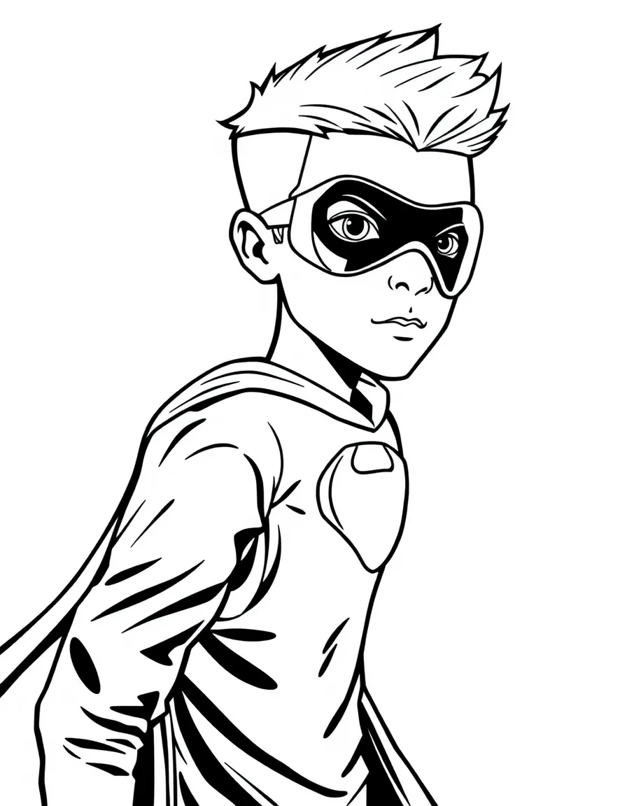 Justin Bieber dressed as a superhero, ready to save the day – a fun and kid-friendly coloring page.