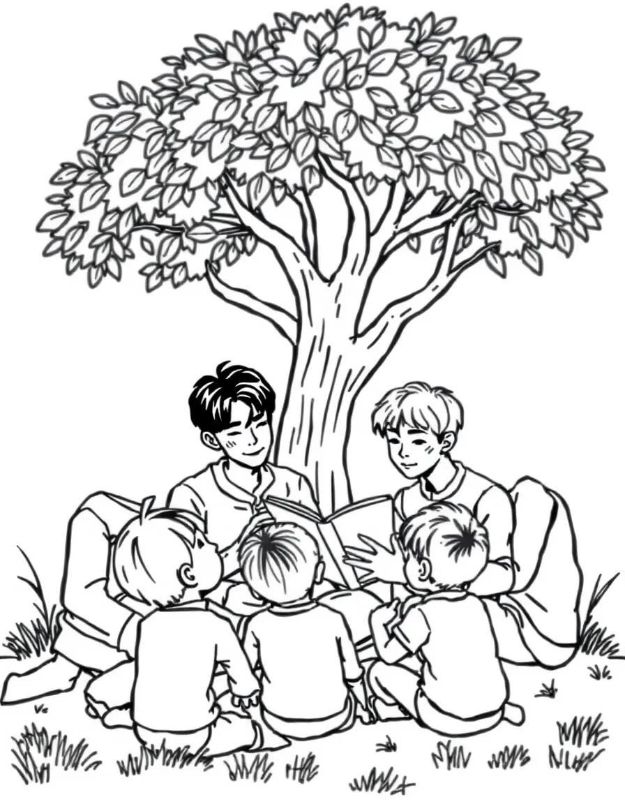 BTS Members reading a storybook to children under a tree – a fun and kid-friendly coloring page.