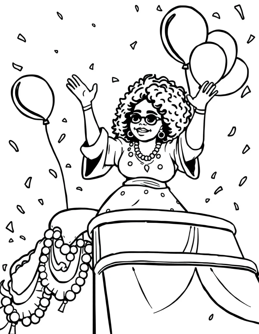 Oprah Winfrey waving from a parade float with balloons and confetti – a fun and kid-friendly coloring page.