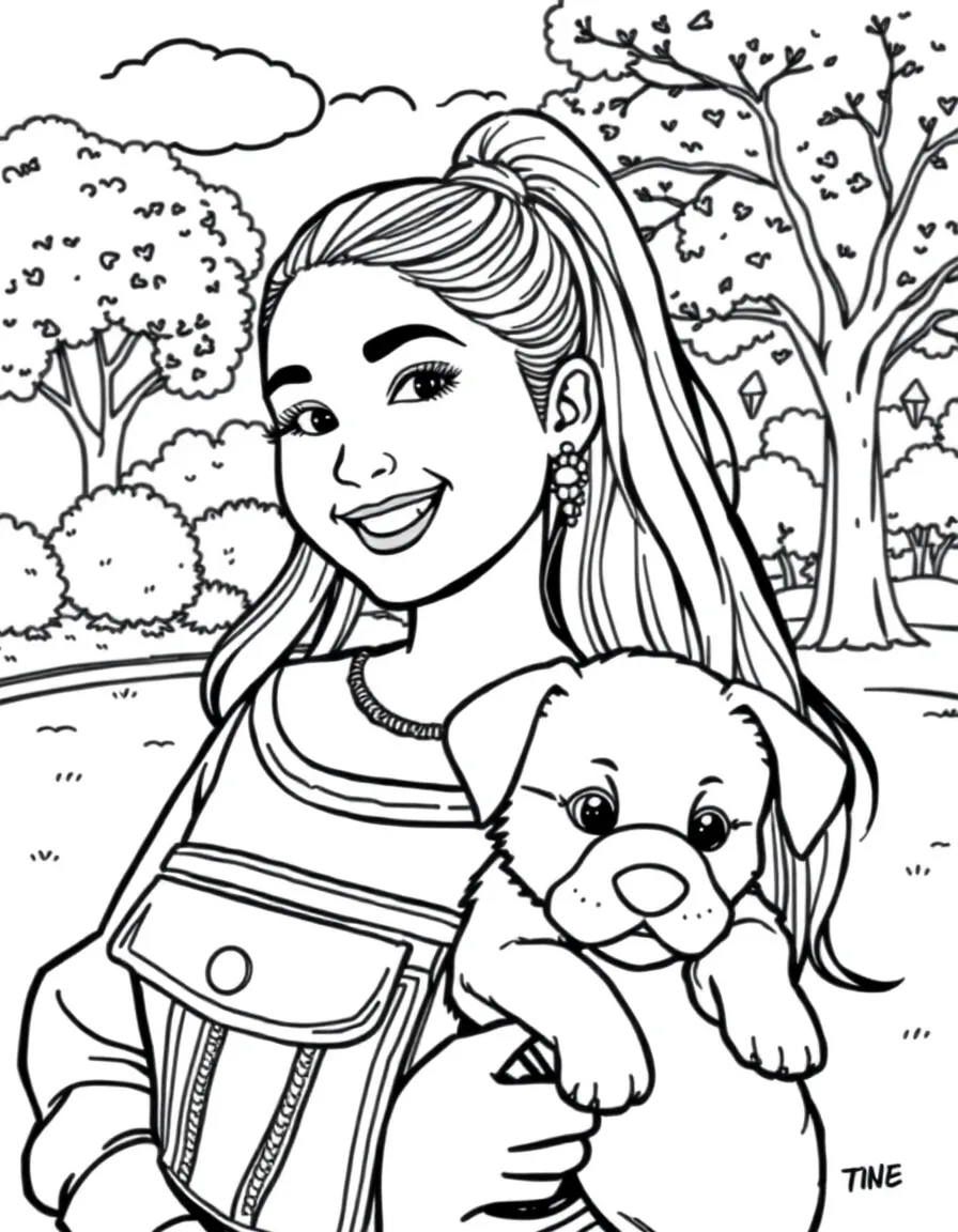 Ariana Grande smiling and holding a puppy with a park background – a fun and kid-friendly coloring page.