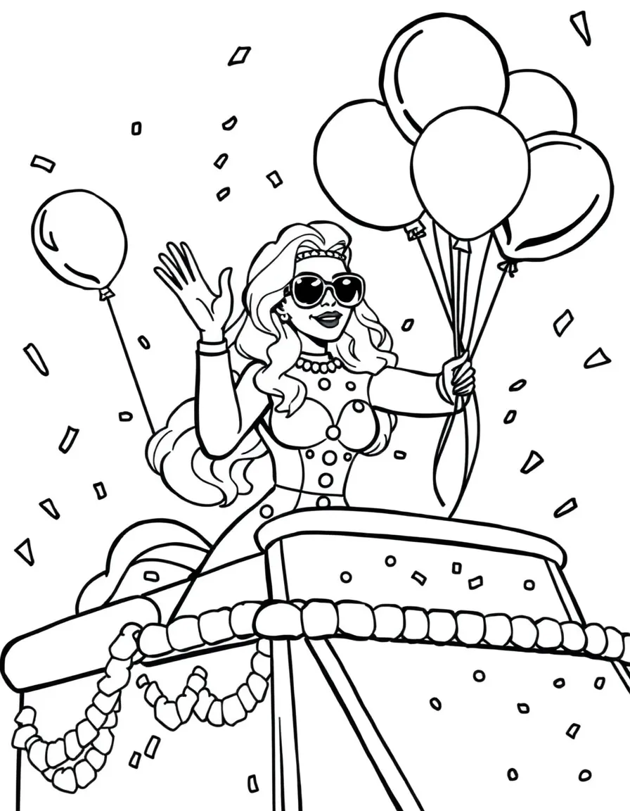 Lady Gaga waving from a parade float with balloons and confetti – a fun and kid-friendly coloring page.