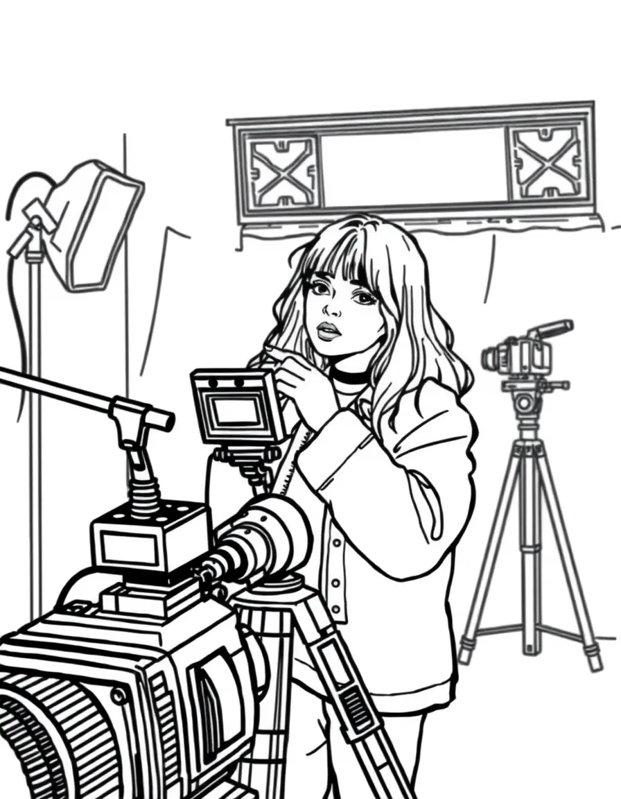 Billie Eilish acting in a scene on a movie set with cameras – a fun and kid-friendly coloring page.