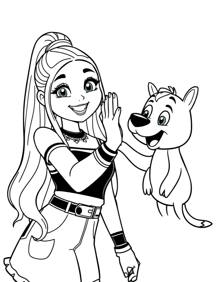 Ariana Grande giving a high five to a cartoon animal friend – a fun and kid-friendly coloring page.