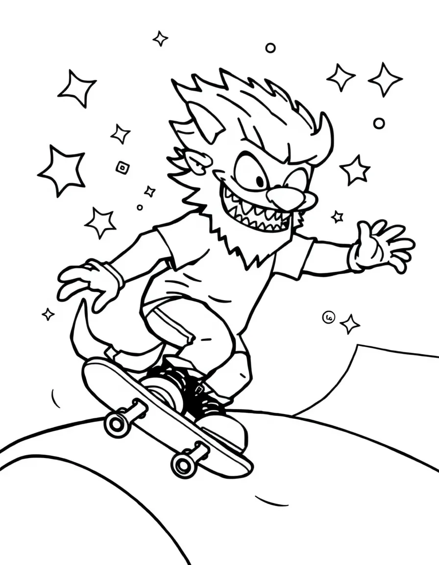 MrBeast skateboarding at a skate park with stars and swirls around – a fun and kid-friendly coloring page.