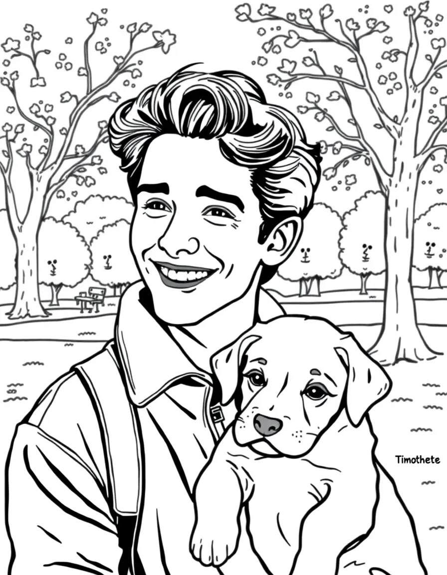 Timothée Chalamet smiling and holding a puppy with a park background – a fun and kid-friendly coloring page.