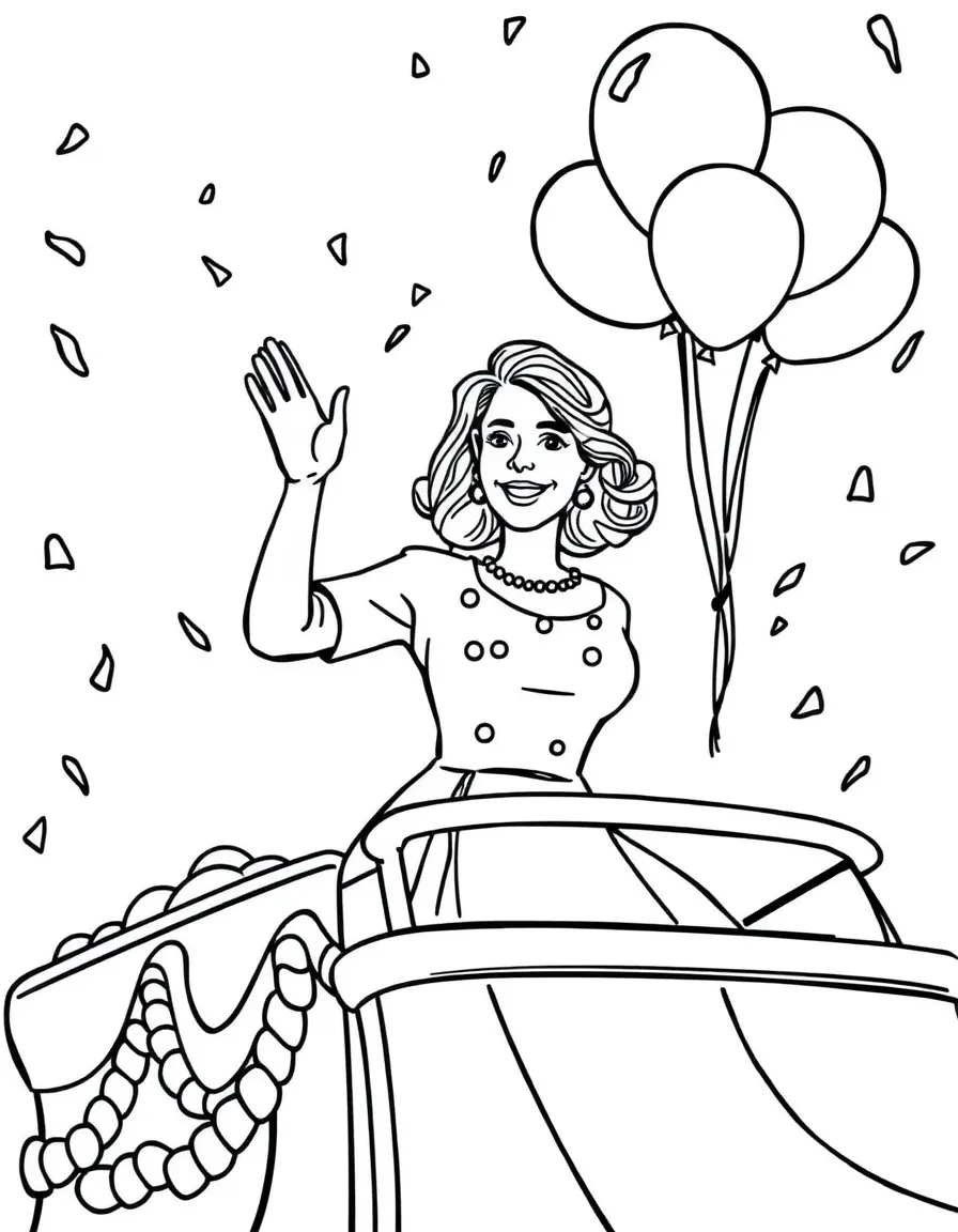 Anne Hathaway waving from a parade float with balloons and confetti – a fun and kid-friendly coloring page.