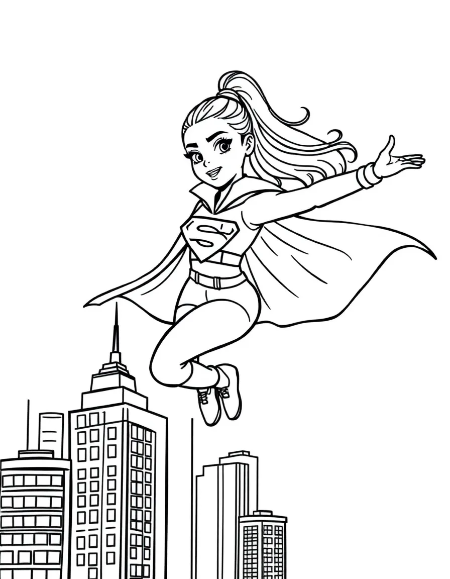 Ariana Grande wearing a superhero cape and flying over a cityscape – a fun and kid-friendly coloring page.