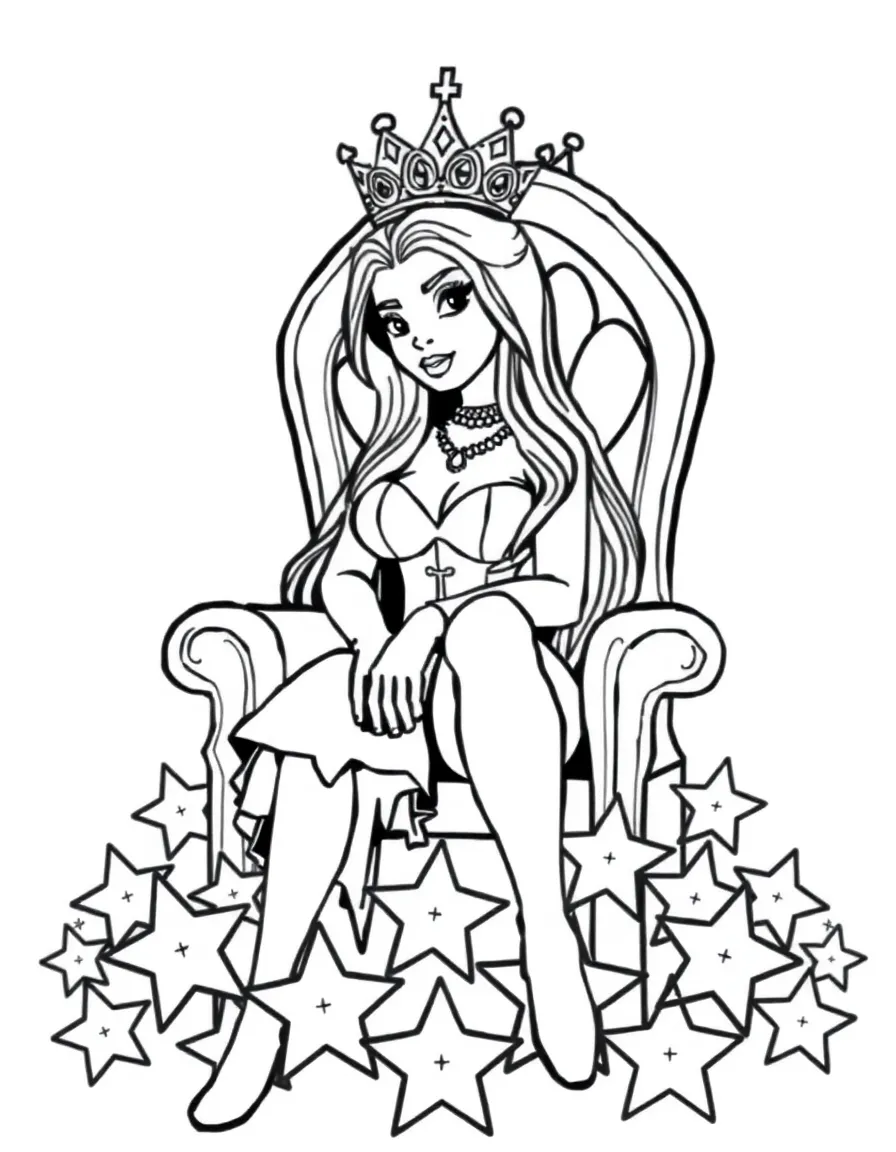 Kylie Jenner sitting on a throne made of stars with a crown – a fun and kid-friendly coloring page.