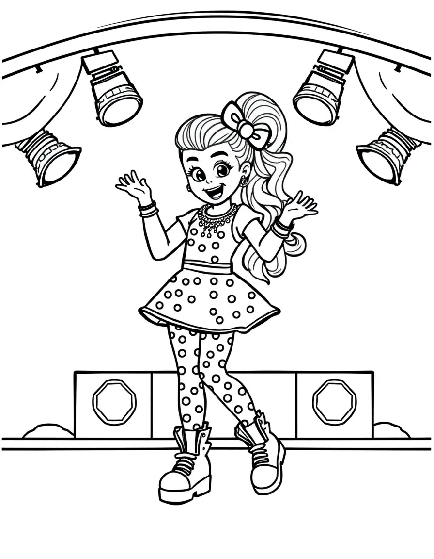 JoJo Siwa dancing on a stage with spotlights and fun outfits – a fun and kid-friendly coloring page.