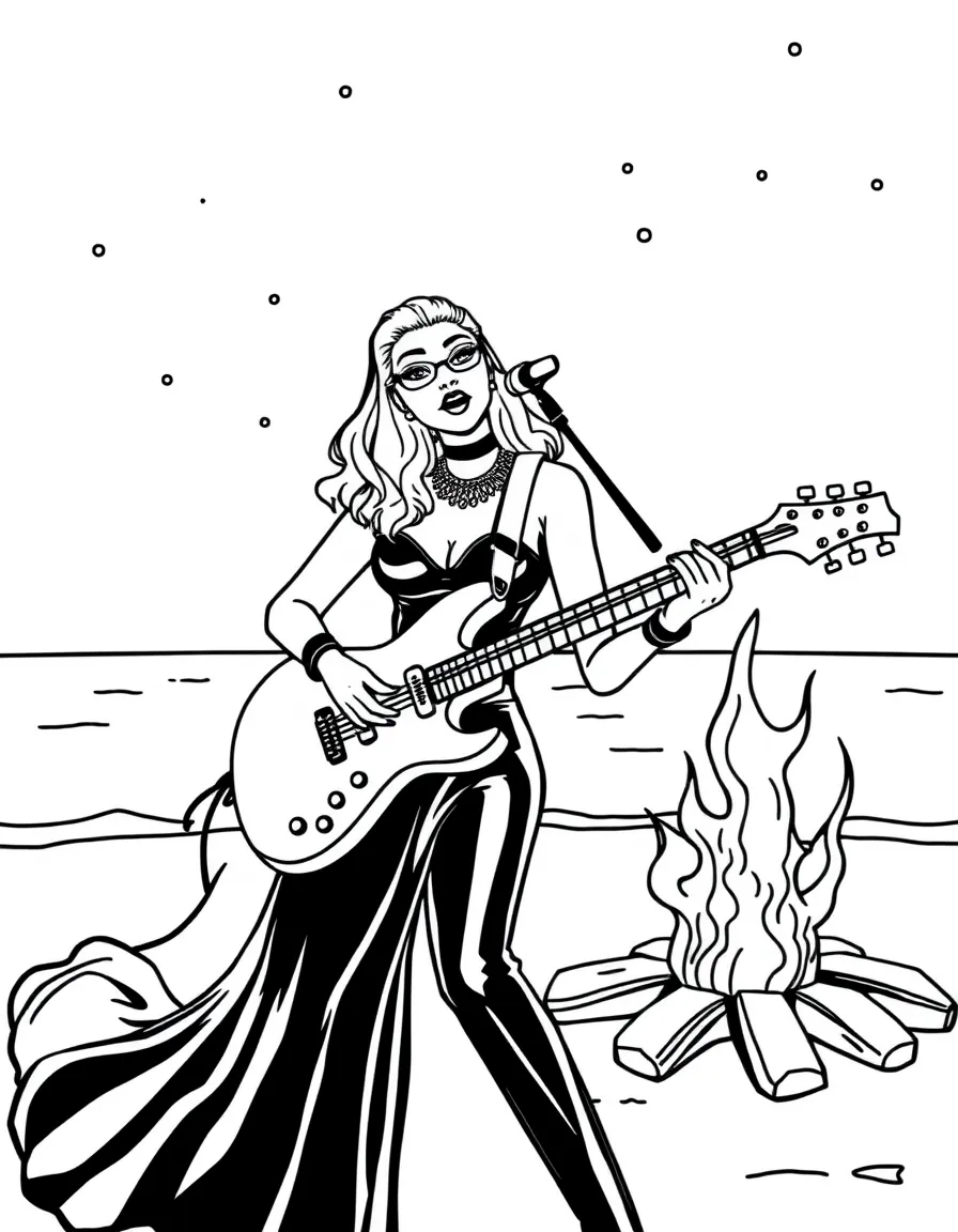 Lady Gaga playing guitar at a beach bonfire – a fun and kid-friendly coloring page.