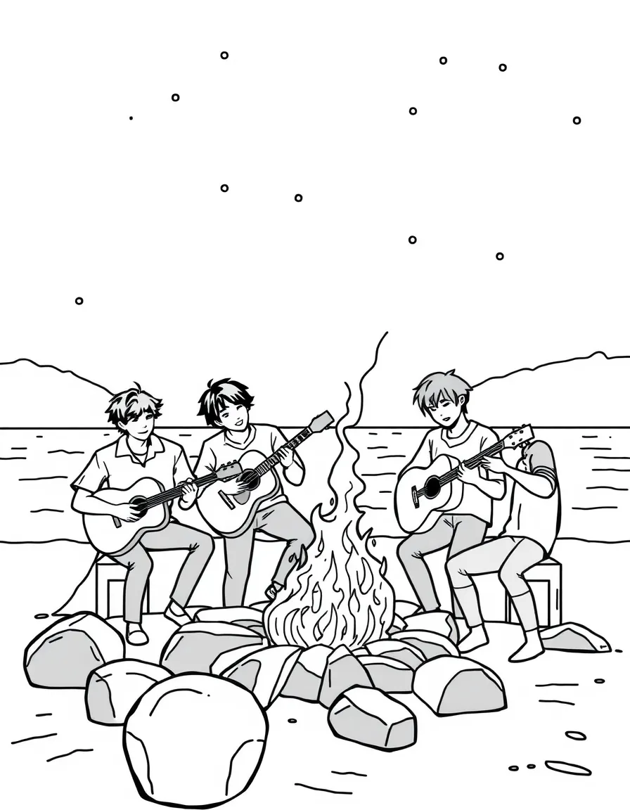BTS Members playing guitar at a beach bonfire – a fun and kid-friendly coloring page.