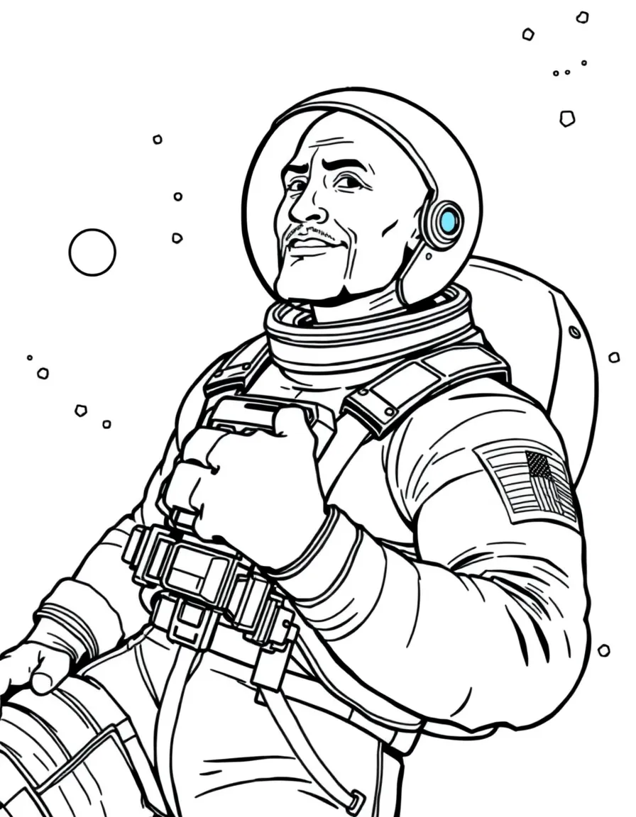 Dwayne Johnson exploring space in an astronaut suit – a fun and kid-friendly coloring page.