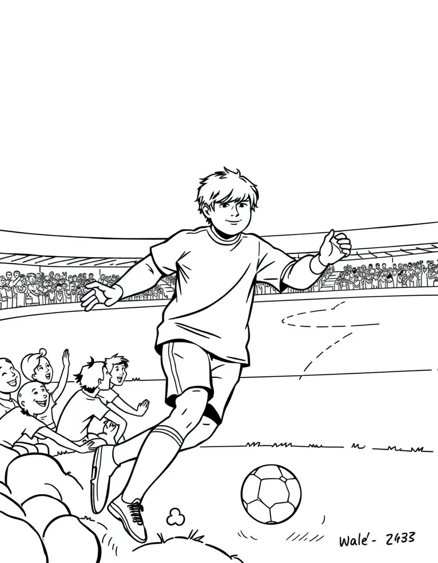 Ed Sheeran playing soccer on a field with cheering fans in the stands – a fun and kid-friendly coloring page.