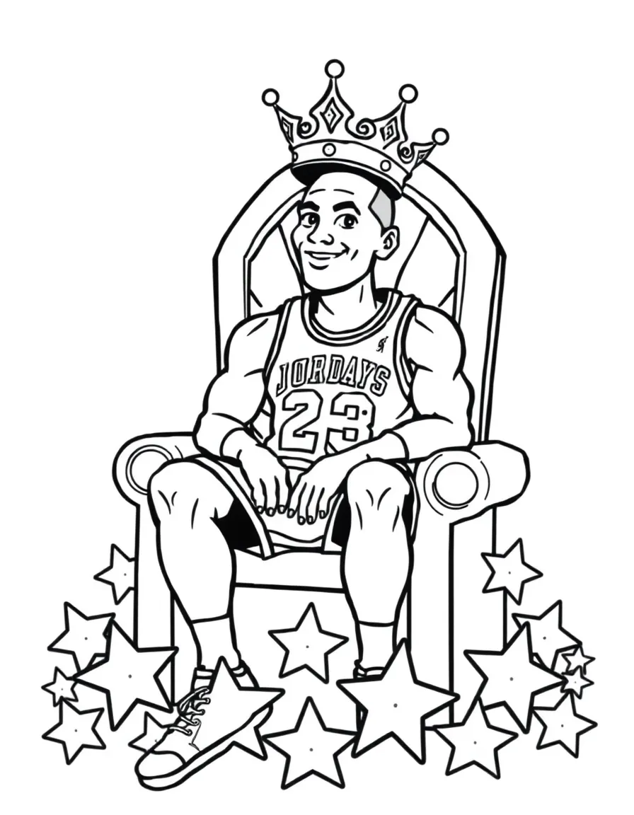 Michael Jordan sitting on a throne made of stars with a crown – a fun and kid-friendly coloring page.